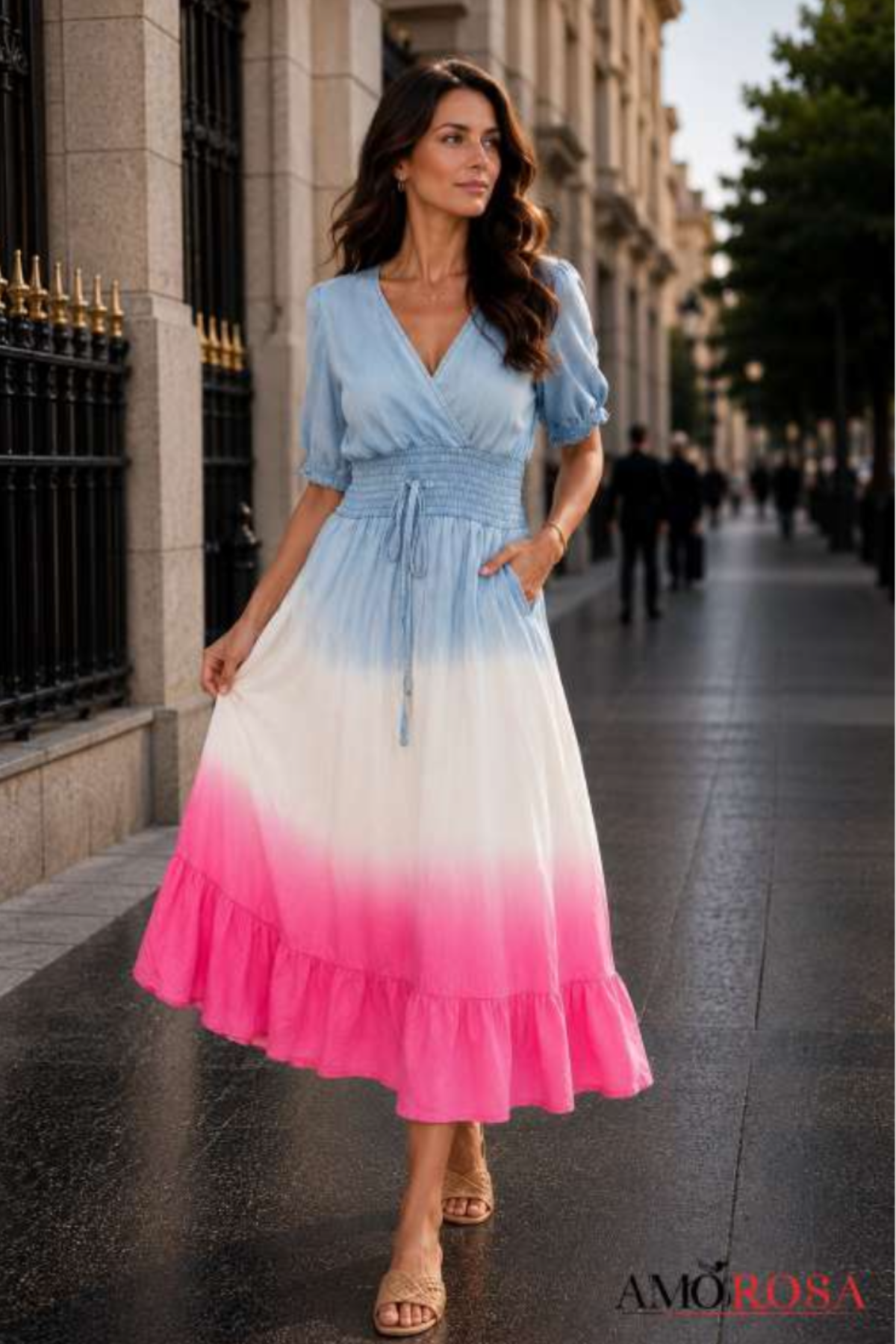 Amorosa - V-Neck Shaded Denim Dress