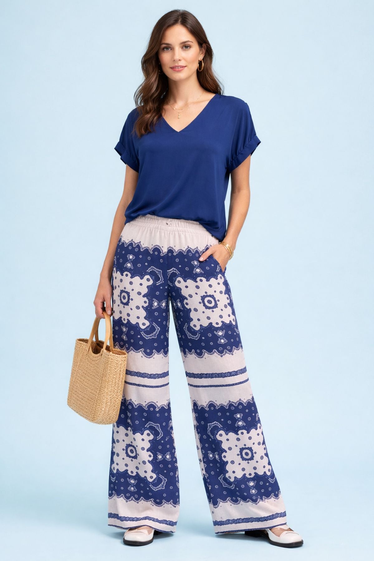 Astrid - Womens Woven Pant - Navy Scarf