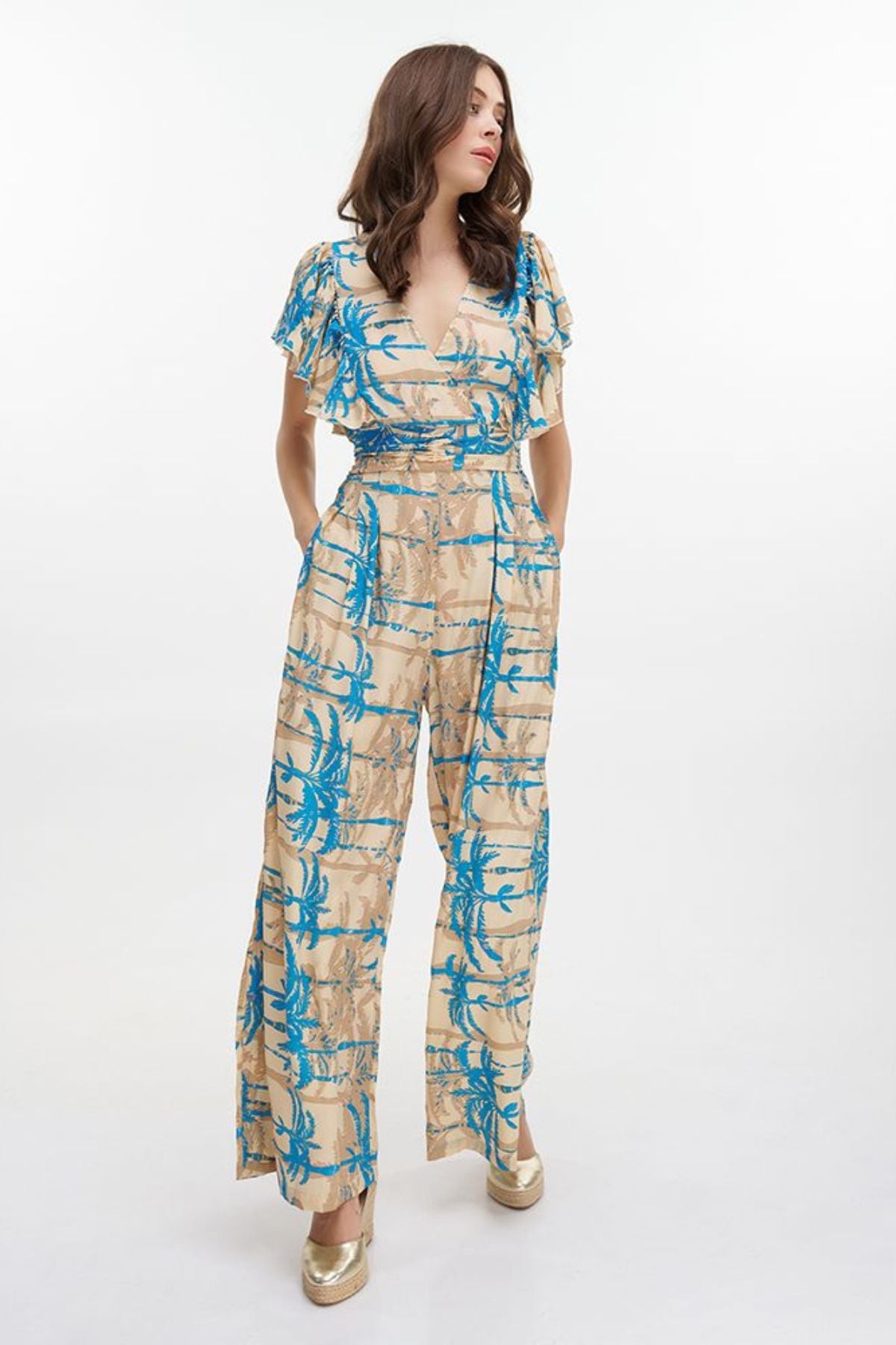 Ble - Long Short Sleeved Jumpsuit - In Turquoise/Beige