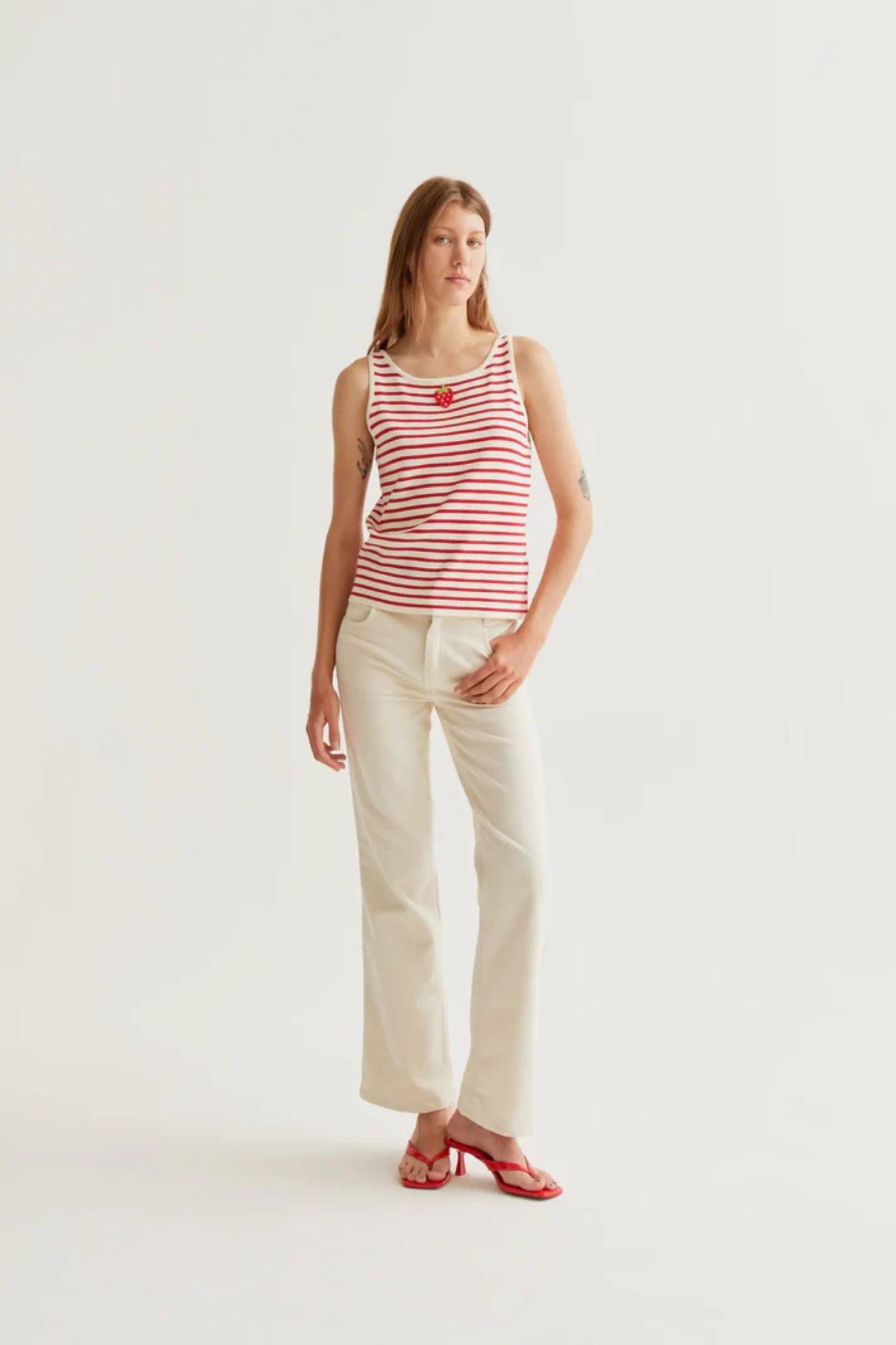Compania Fantastica - Striped Tank - Strawberry Appliqué Detail
