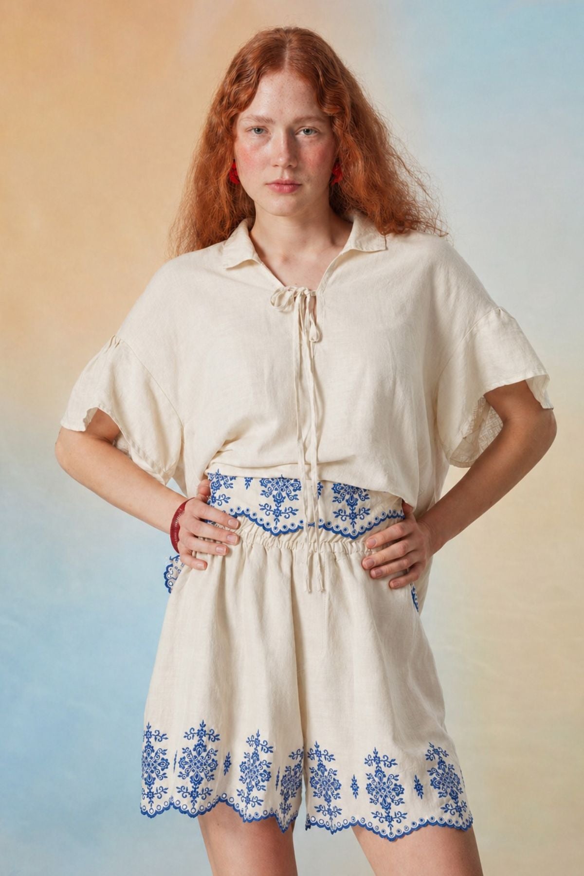DS Athens Linen Shorts with Embroidery