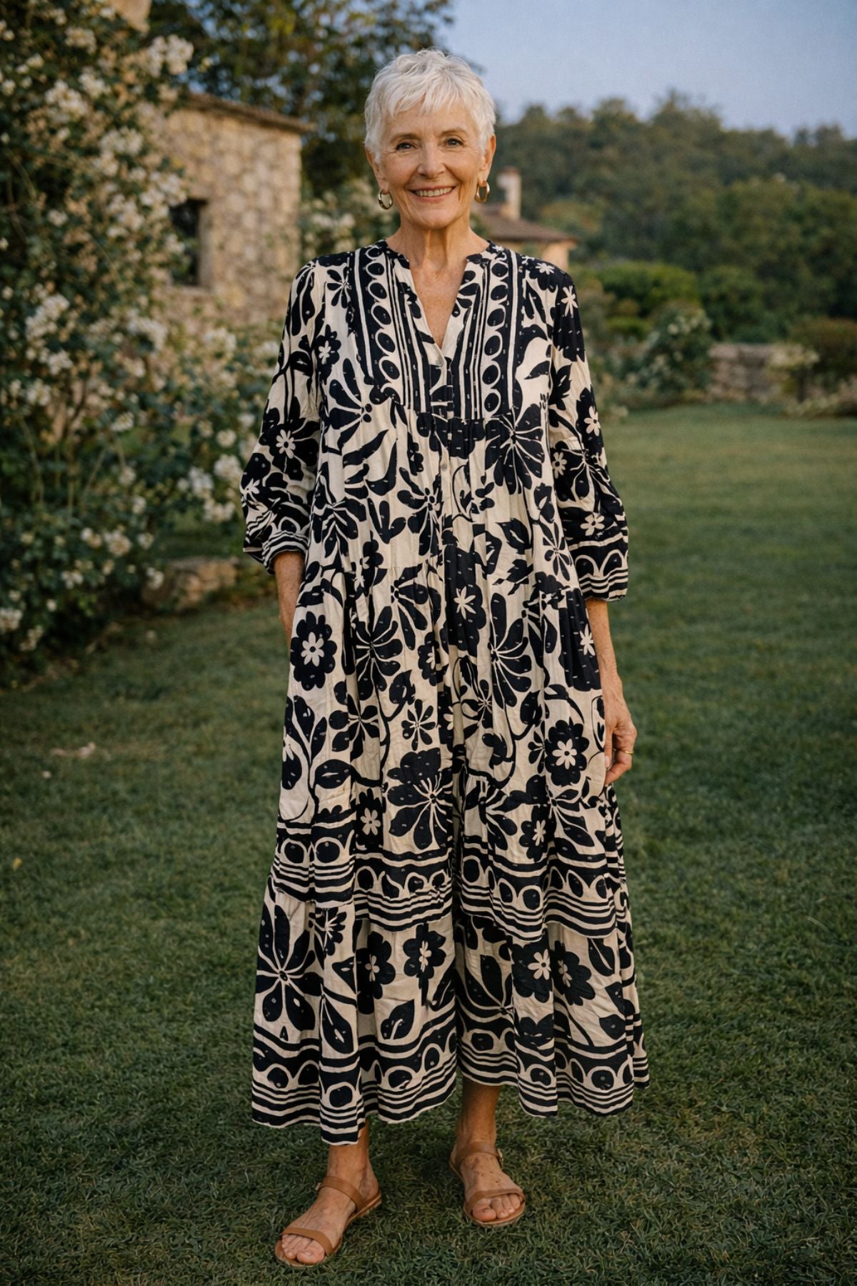 Elissa - Black & White Long Sleeve Dress - Shimmer Detail