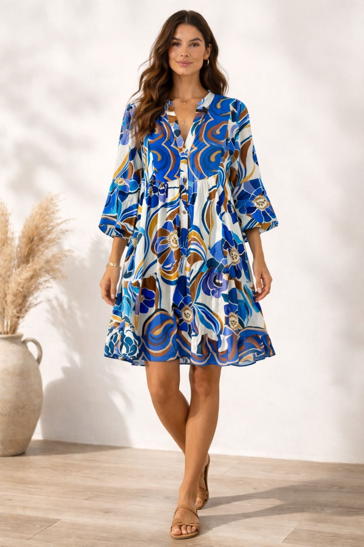 Elissa - Mediterranean Bloom Dress - Coastal Blue