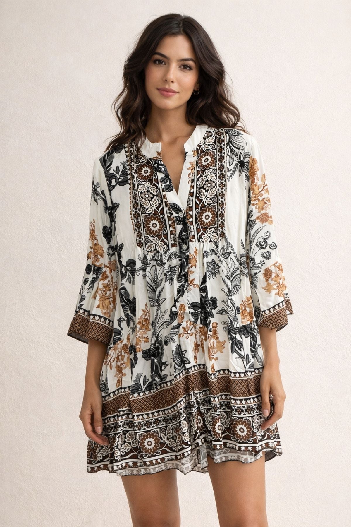 Elissia - Cream Dress - Caramel Floral Print