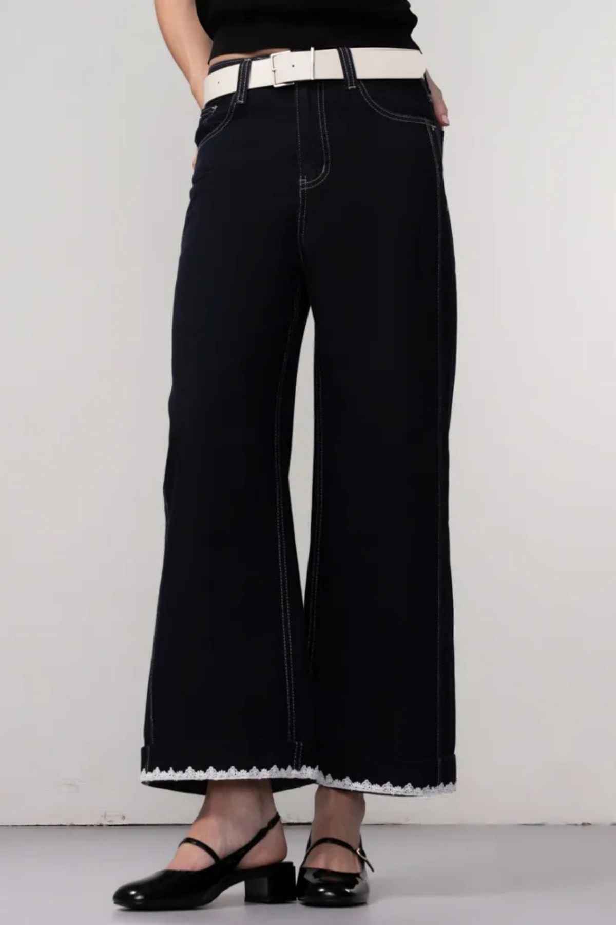 Haako - Wide Leg Jean - Lace Detail - Dark Blue
