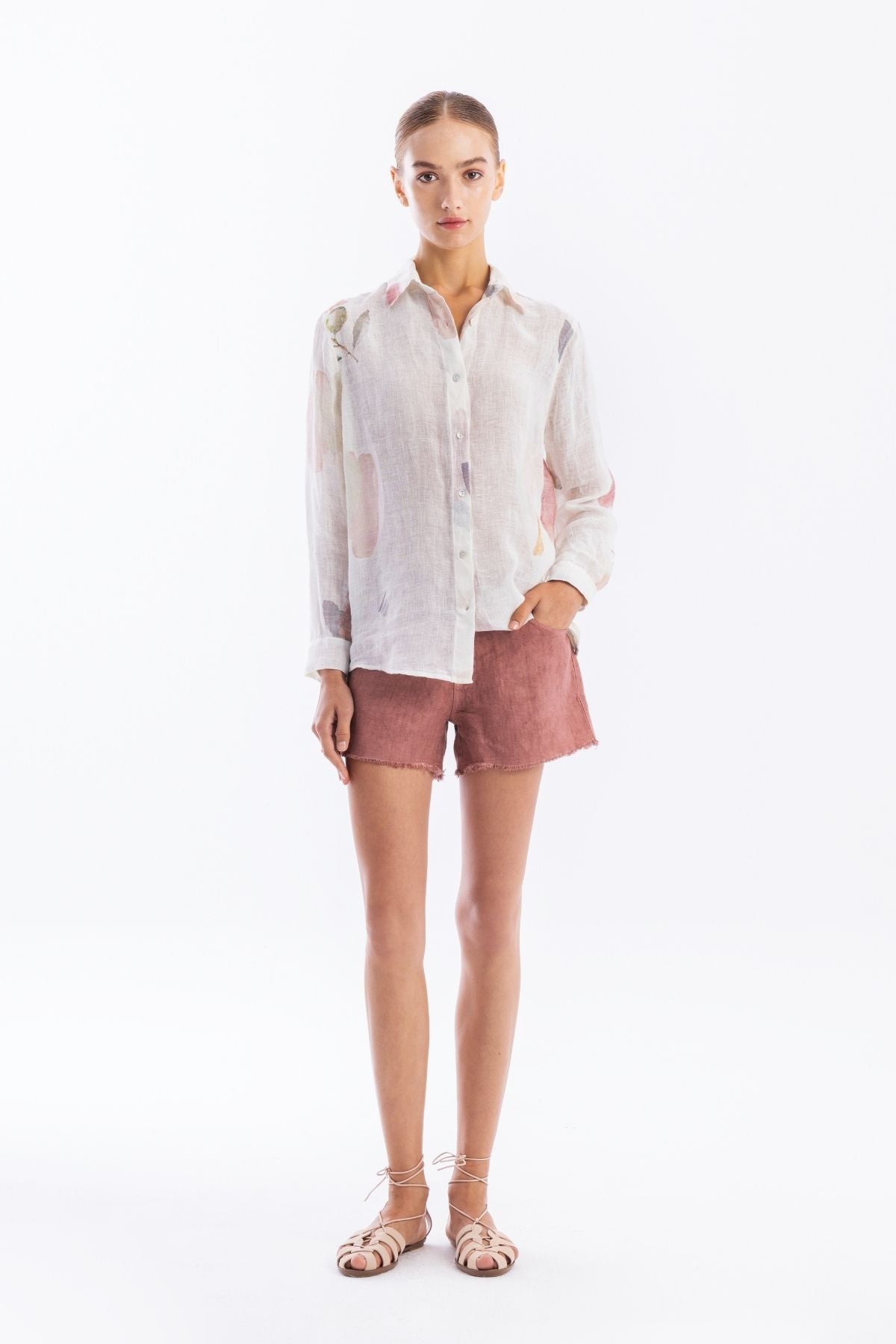 Haris Cotton - Printed Linen Gauze Shirt - Ecru Olive