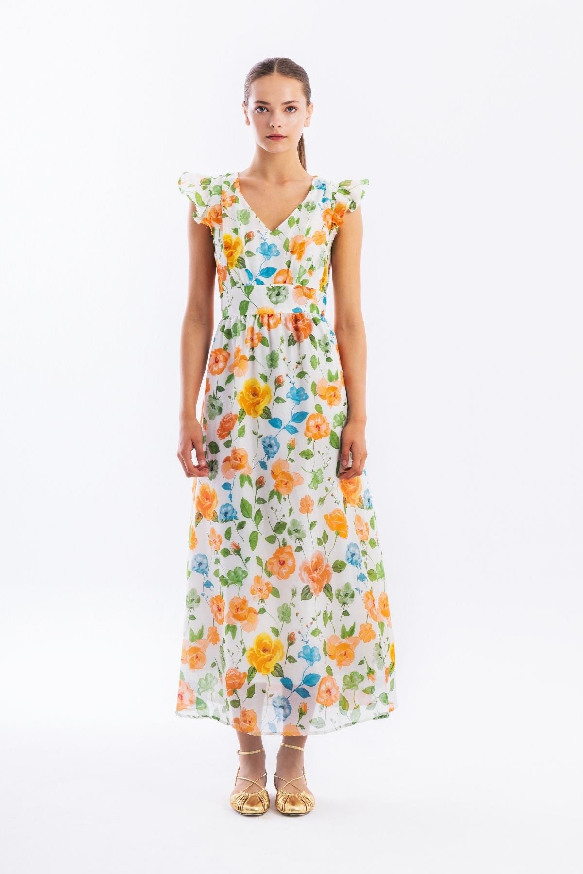 Haris Cotton - Long Floral Dress - Orange