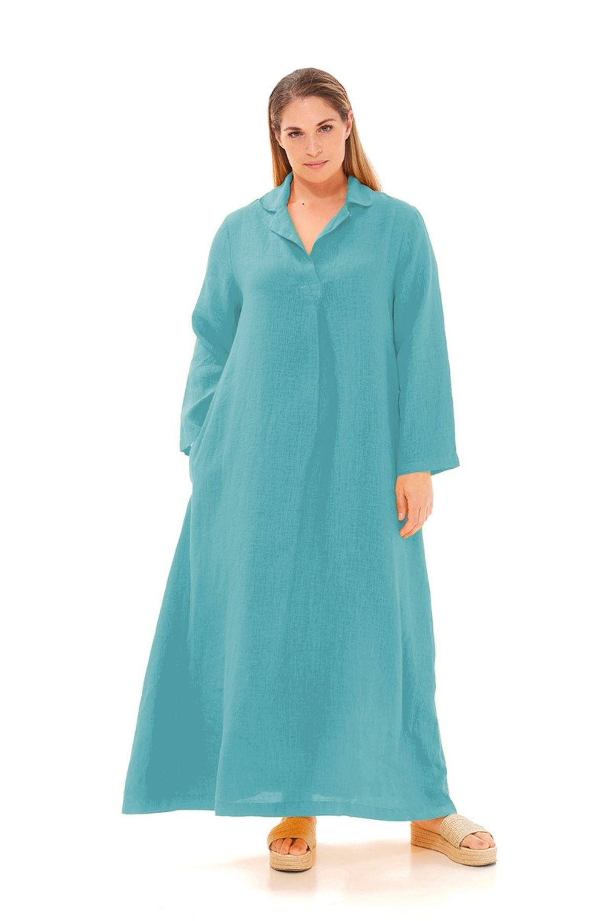 Haris Cotton - Long Sleeve Linen Dress - In Crystal Blue