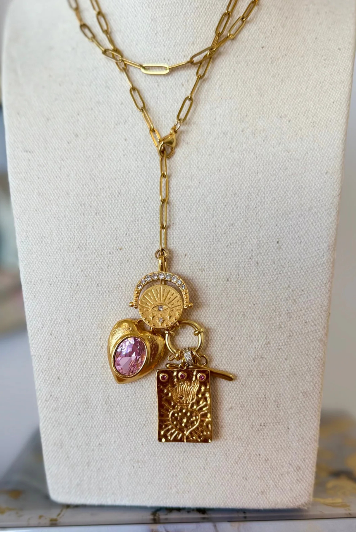 Long Pink Heart & Evil Eye Necklace