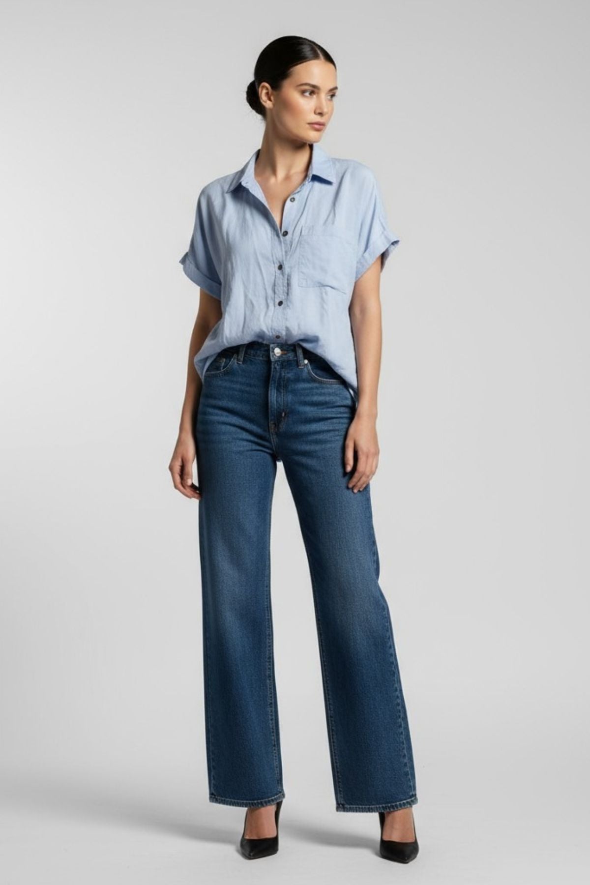 Ivido - Short Sleeve Button Up Blouse - Petal Pink OR Light Blue