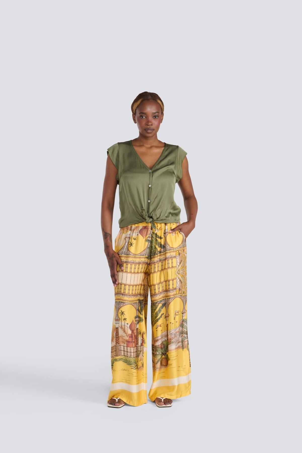 Jessica Laura - Button Front V-Neck Blouse - Olive
