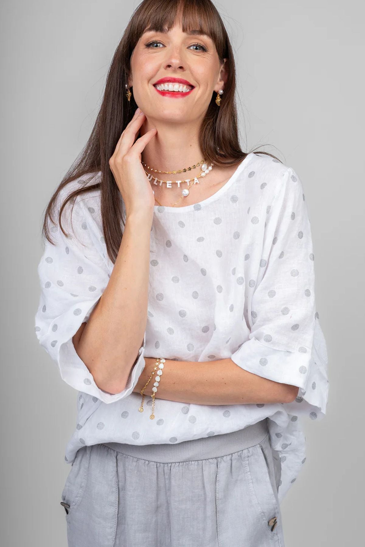 Me & Gee 3/4 Length Sleeve Spotted Top - Linen