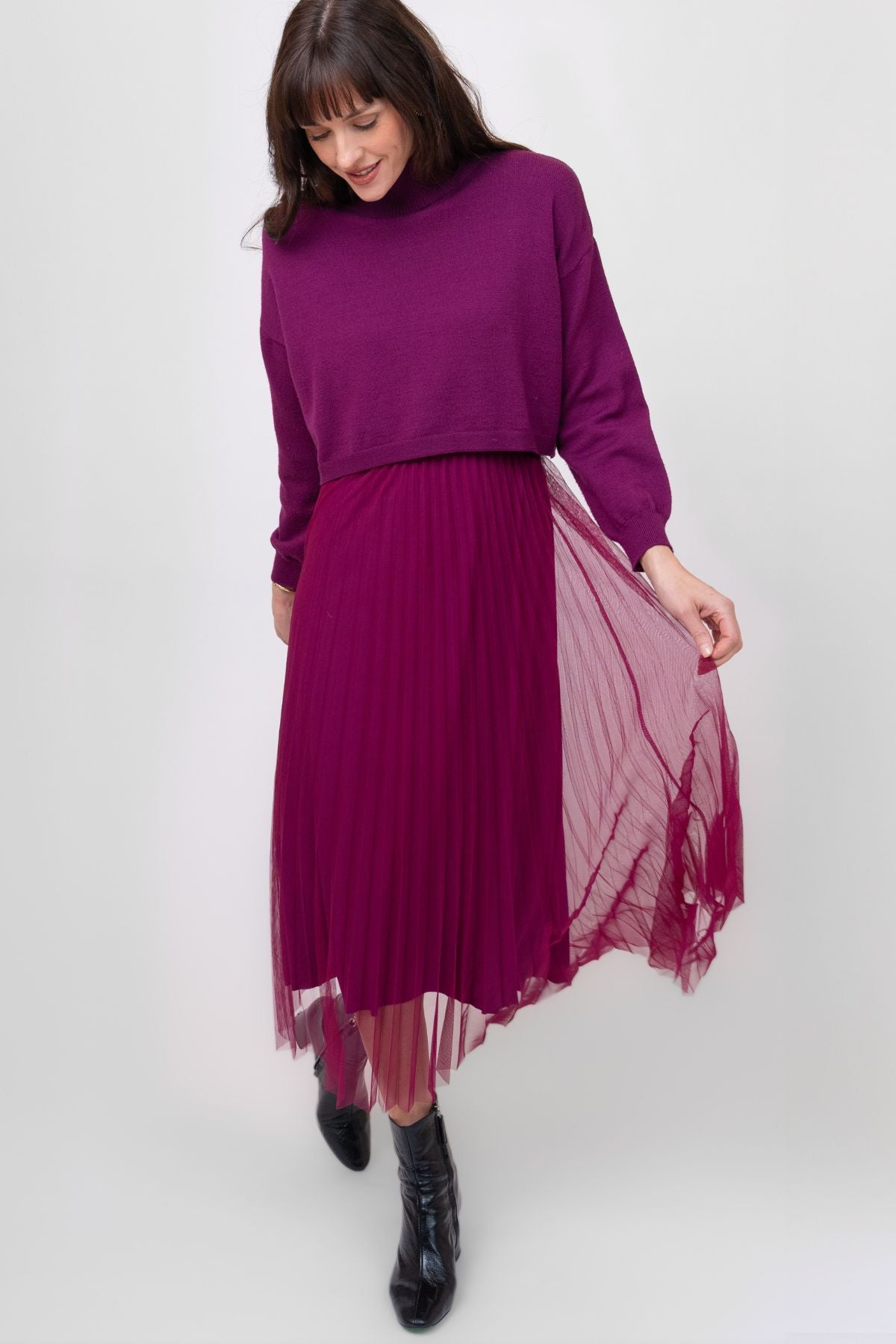 Me & Gee - Two Piece Pleated Dress with Slip and Mock Neck Sweater - Tuscan