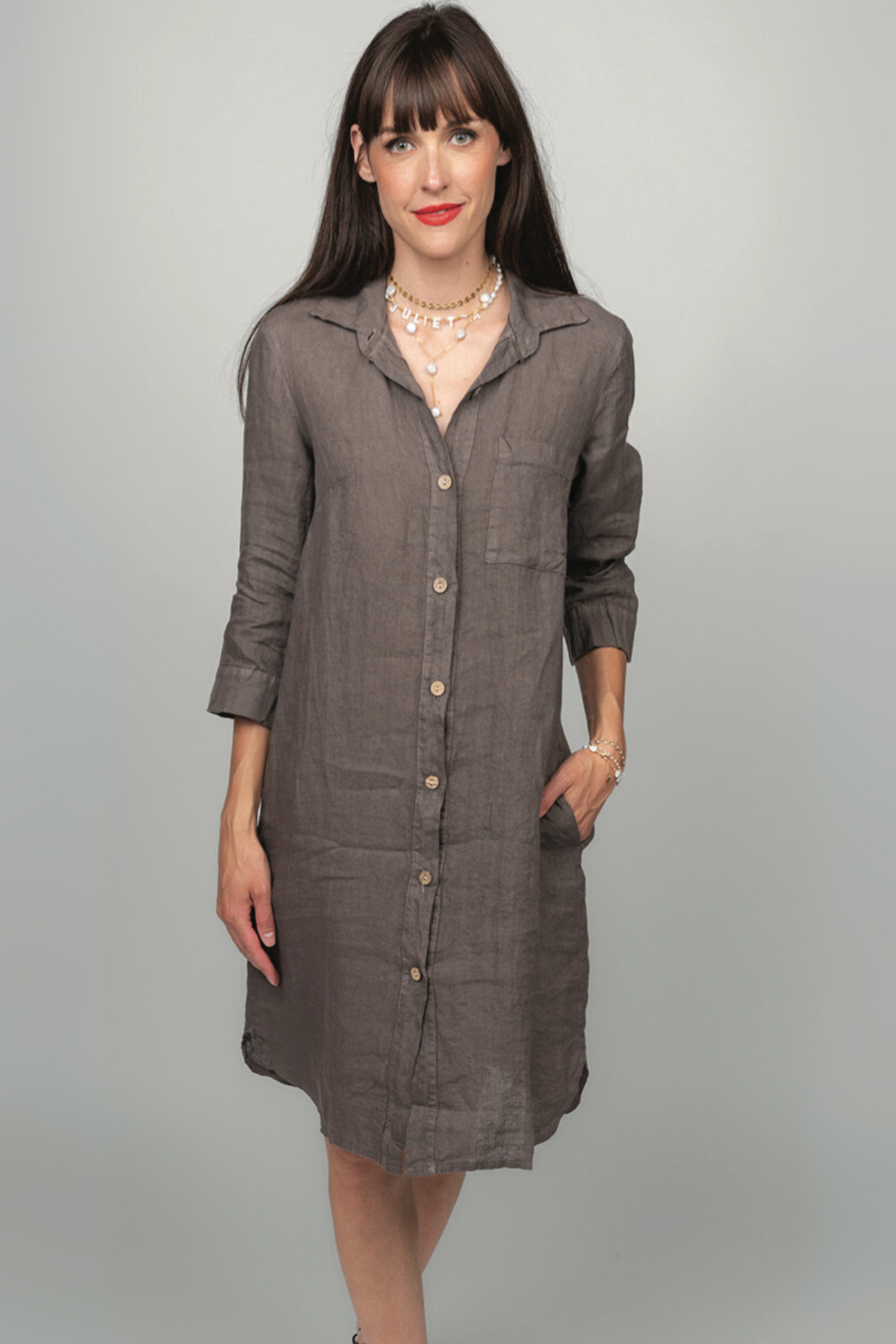 Me & Gee Button Down Collared Shirt Dress - Linen