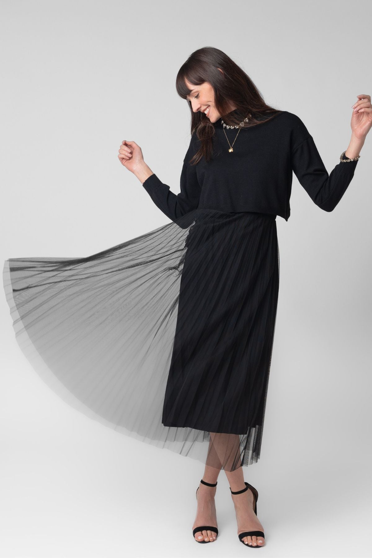 Me & Gee Two Piece Pleated Dress | Slip And Mock Neck Sweater Black