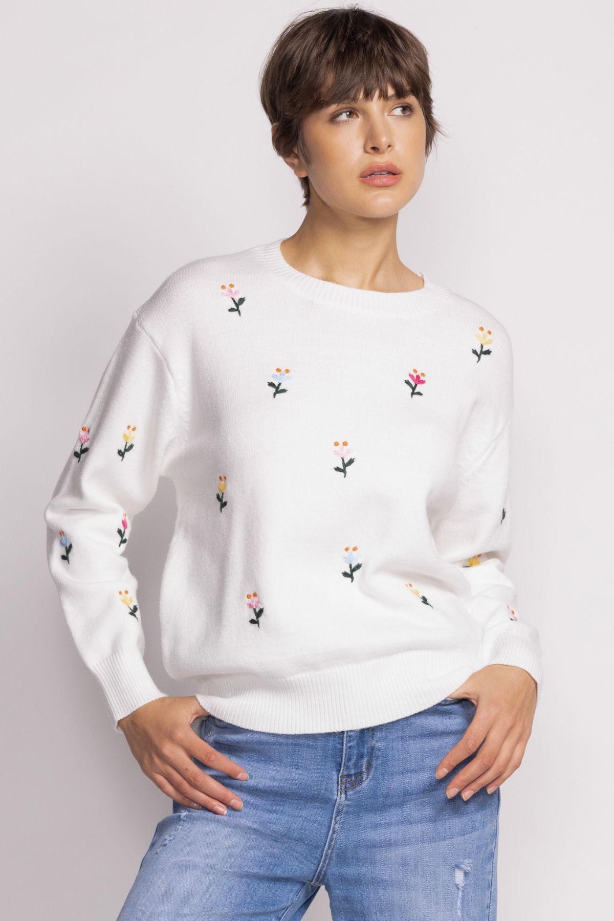 Pink Martini Eva Sweater Off White Floral Detail