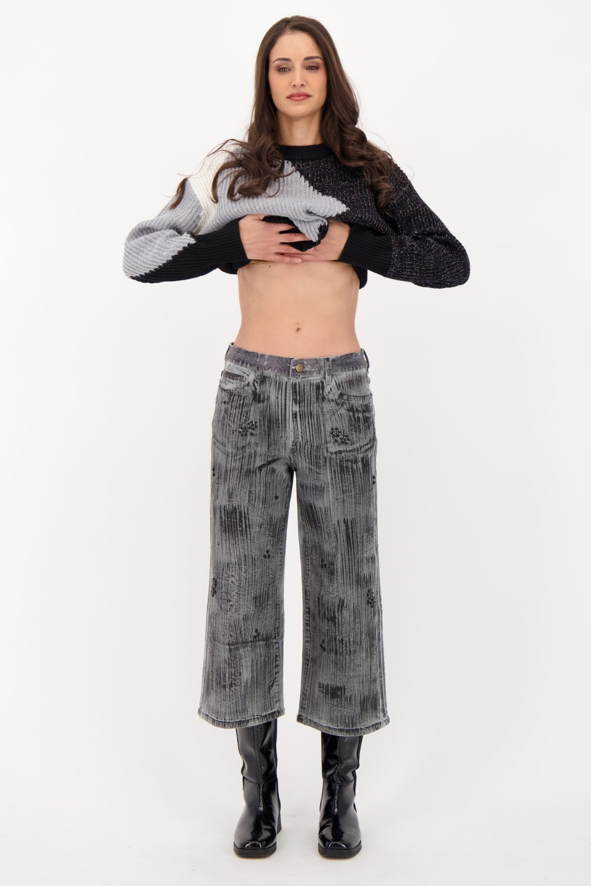 Spanner-Grey Two Tone Beaded Denim Capri