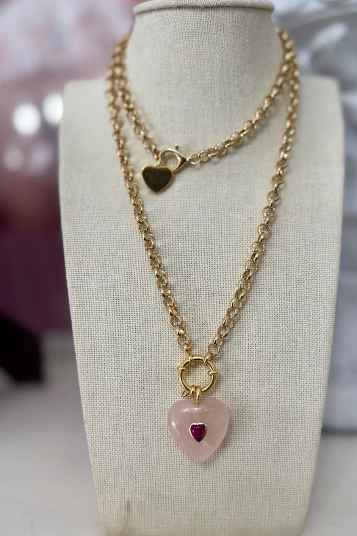 Long Rose Quartz Heart Necklace