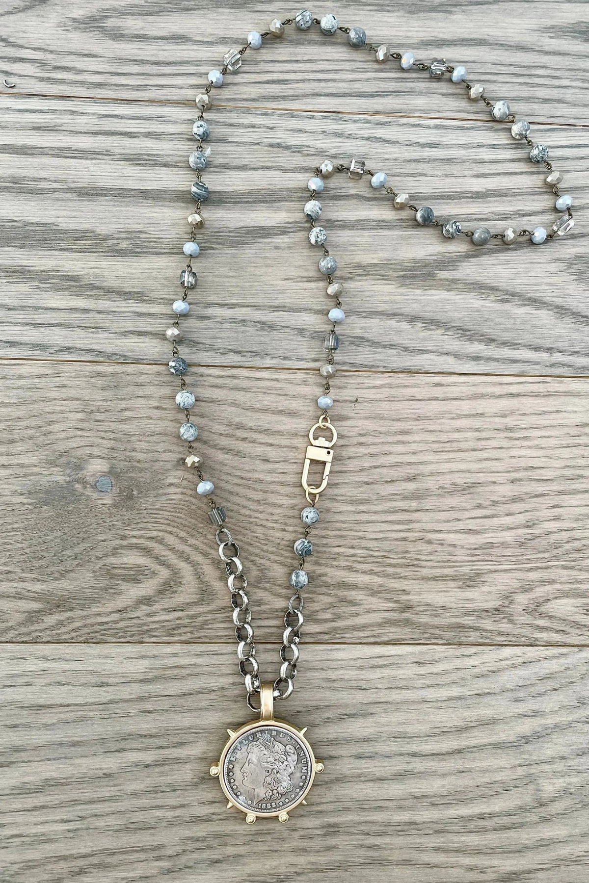 Rhodeo Grey Jasper /Brushed gold and horse pendant
